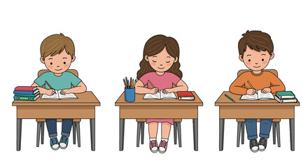 Cute cartoon illustration depicting three young students, two boys and a girl, sitting at their desks and writing in books.