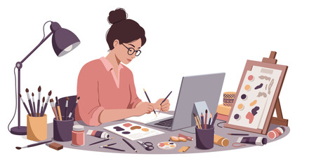 A focused female artist diligently creating artwork at her desk, surrounded by various painting and drawing tools, with a laptop open.