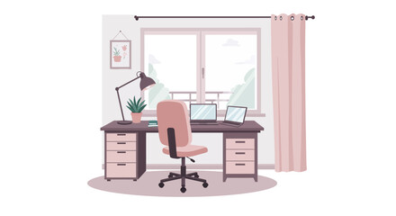 A cozy, minimalist home office scene featuring a desk, chair, and window with a view.