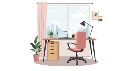 A comfortable home office workspace featuring a wooden desk, pink ergonomic chair, laptop, and indoor plants by a large window with a city view.