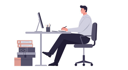 An illustration of a focused man sitting at an office desk, working on a computer and taking notes with documents nearby.