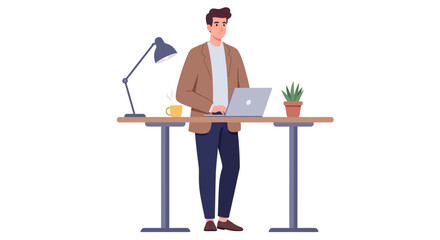 Full-length illustration of a focused man standing at an adjustable height desk, working diligently on his laptop with a lamp and coffee nearby.