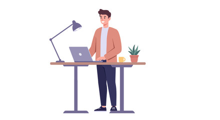 A smiling young man productively working on his laptop at a modern adjustable standing desk, featuring a desk lamp and a small potted plant.