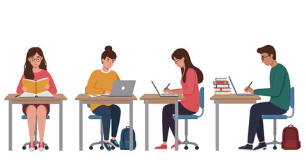 Diverse students engaged in learning activities, reading, writing, and using laptops at individual desks.