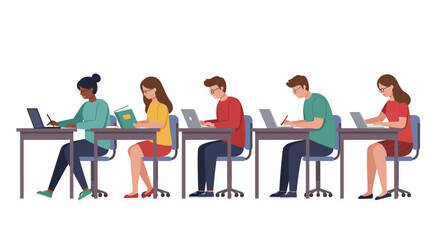 Diverse young people sitting at desks, engaged in various study and work activities like reading, writing, and using laptops.