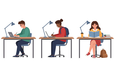 Illustration of diverse students studying, reading, and writing at separate desks with task lamps.