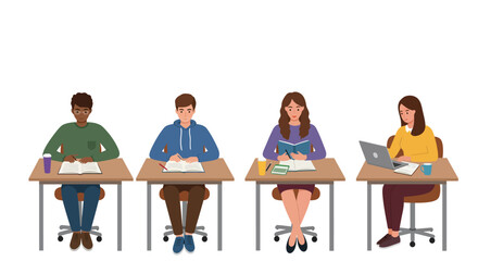 Four diverse students are sitting at individual desks, studying, reading books, and using a laptop in a classroom setting.