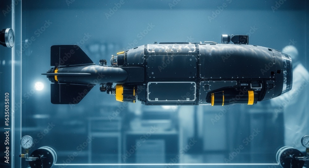 Poster side perspective of an autonomous marine robot inside a pressurized test tank assessing its structur