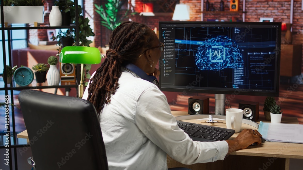 Poster overjoyed programmer happily clapping hands after finishing maintenance on neural networks. it exper