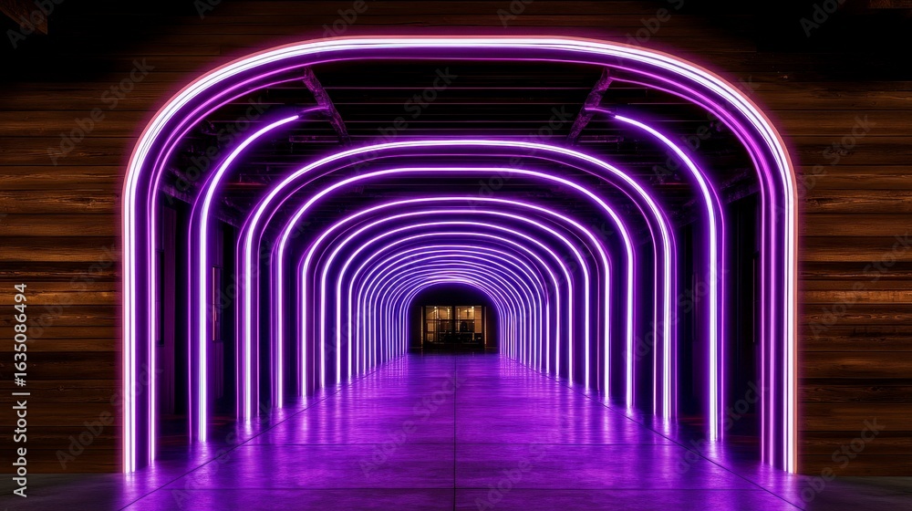 Poster a captivating neon-lit corridor with purple arches creating a mesmerizing visual effect that entices