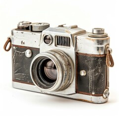 Vintage camera, studio shot, white background, nostalgic feel, photography history