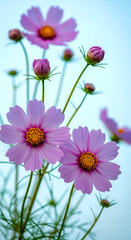 Delicate Pink Cosmos Flowers Against a Soft Blue Sky Background