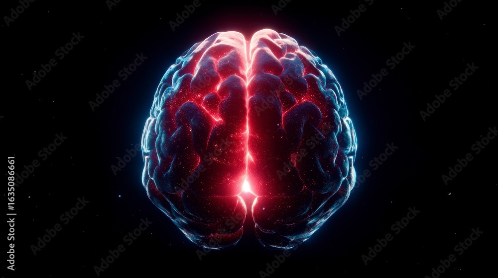 Poster a vivid and imaginative digital rendering of a human brain illuminated with vibrant colors against a