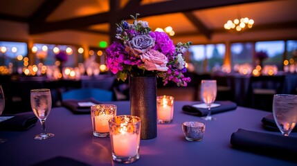 Elegant wedding reception setting with beautifully arranged floral centerpiece and soft candlelight ambiance