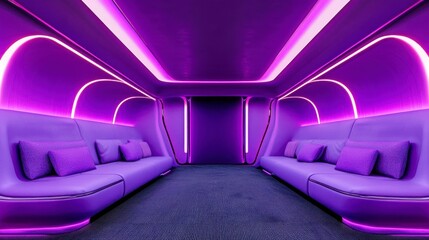 Fototapeta premium Futuristic lounge interior featuring vibrant purple lighting and sleek modern design for stylish relaxation or creative gatherings