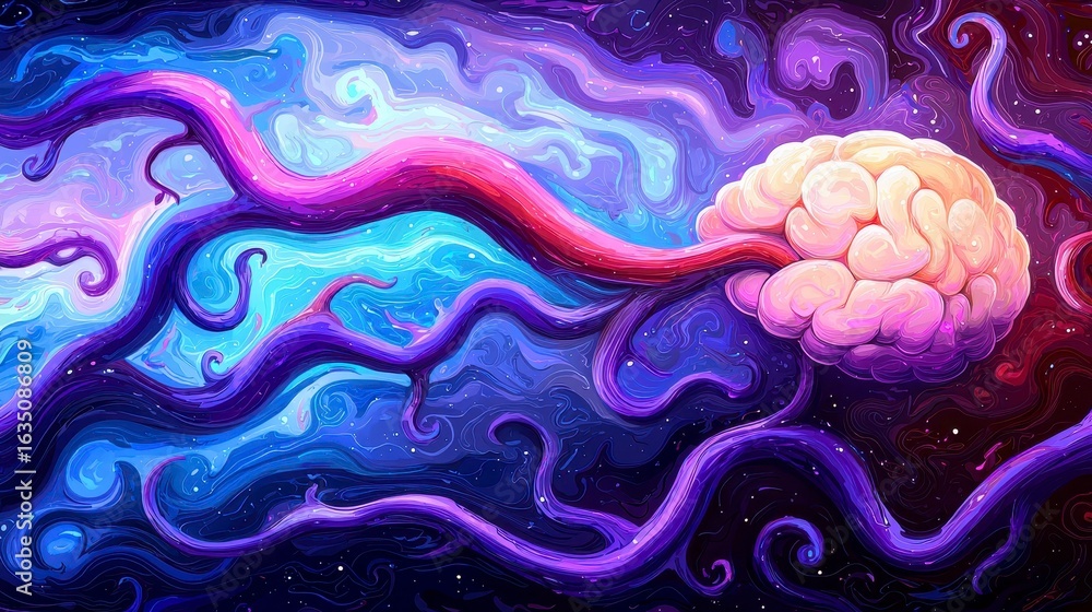 Poster a vibrant representation of the human brain entangled in colorful neural pathways exploring the cosm