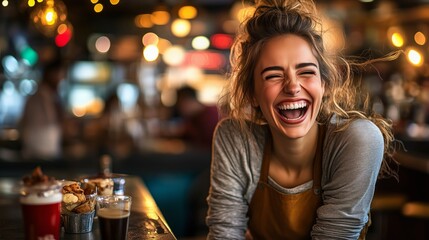 A woman is laughing joyfully at a bar with drinks in the background. The setting appears lively and vibrant, suggesting a fun night out.