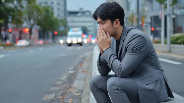  Gen-4 Turbo Traumatized young man displaying intense emotional distress after witnessing severe car accident, sitting with hands covering face, expressing overwhelming shock and despair 
