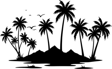 Obraz premium Silhouettes of palm trees and orange sun vector. set of palm trees and sunrise vector silhouette. tropical landscape mountains black vector illustration.eps