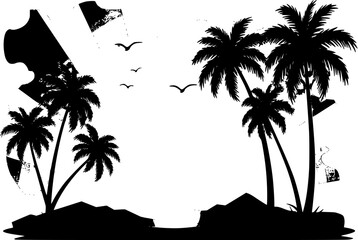 Silhouettes of palm trees and orange sun vector. set of palm trees and sunrise vector silhouette. tropical landscape mountains black vector illustration.eps