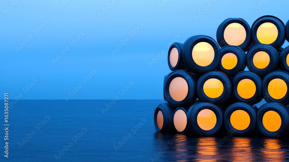 Poster artistic installation of illuminated circular structures by a calm sea at dusk, showcasing unique sh