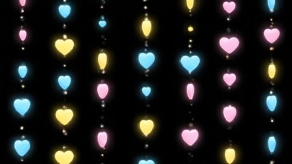 Luminous pastel hearts hanging in vertical garlands on a black background. A romantic and decorative concept for celebrations, love, and special events.