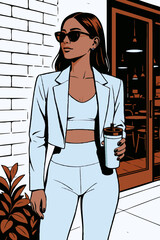 Stylized vector illustration of a fashionable woman wearing sunglasses, a light blue tailored blazer, and matching fitness outfit, holding a tumbler cup, standing outdoors near a white brick wall and 