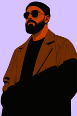 Stylized vector illustration of a bearded man wearing sunglasses, a black beanie, and a brown overcoat, with a confident expression on a lilac background. Minimalist and contemporary art with bold lin