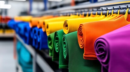 Vibrant display of rolled fabric in an industrial setting showcasing a wide range of colorful materials for creative projects
