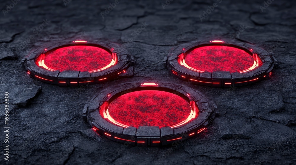 Poster futuristic illuminated circular interfaces on a textured dark surface, showcasing a vibrant sci-fi d