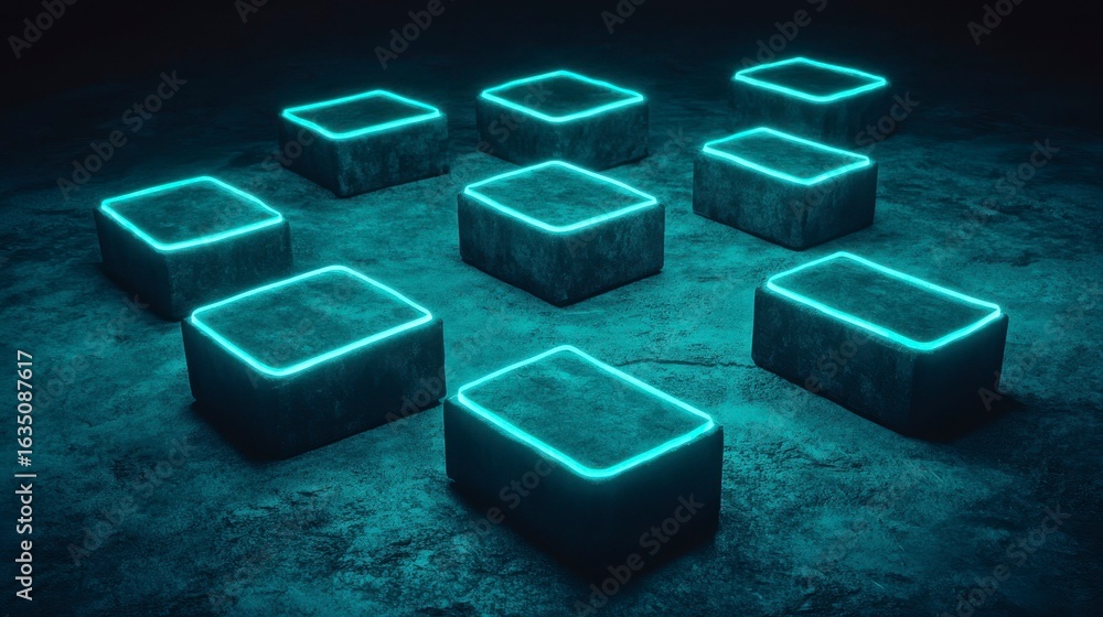 Poster futuristic glowing cubes arranged in a grid pattern on a dark textured surface, emanating an etherea