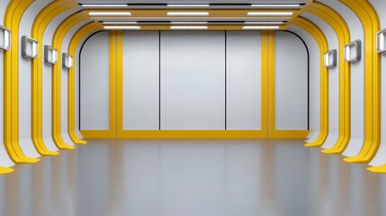 Contemporary minimalist interior with yellow accents and sleek surfaces, ideal for futuristic or industrial themes