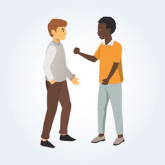 A character illustration of a black man and a white man standing and discussing