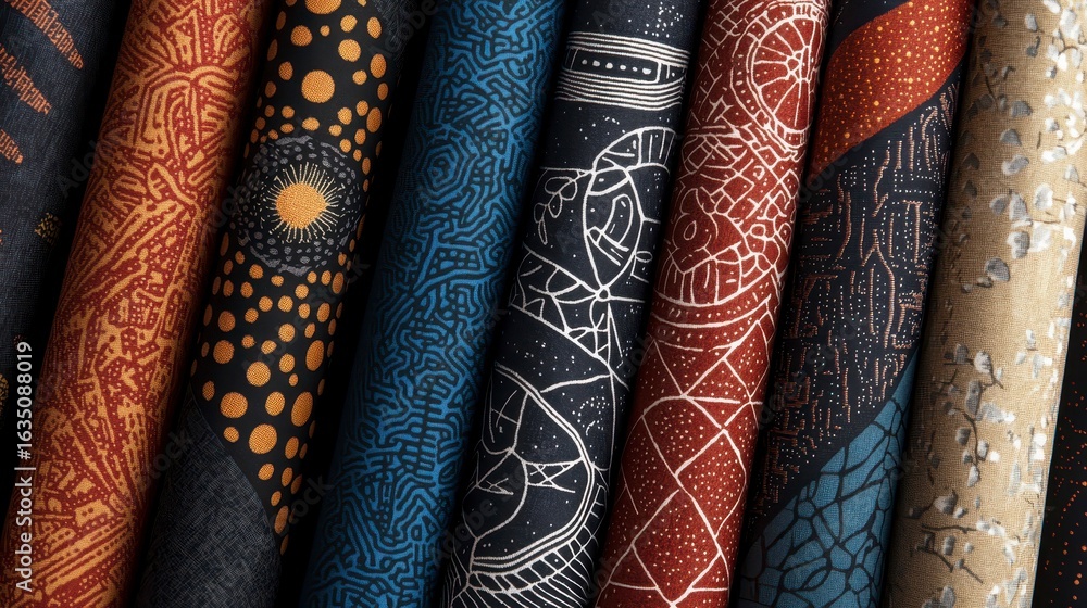 Aufkleber vibrant collection of fabric rolls showcasing intricate patterns and textures in an artistic arrange