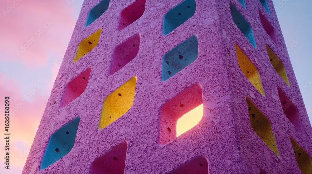 Poster vibrant architectural structure featuring colorful geometric apertures illuminated by the setting su