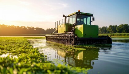 Harvesting aquatic plants with a swamp harvester wetlands photography early morning aerial view sustainable agriculture