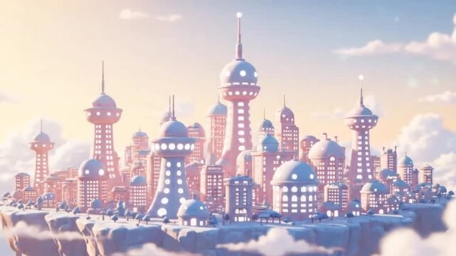 Ethereal city of the future floating among soft pastel clouds at dawn. A vision of a utopian society with advanced high-tech architecture.