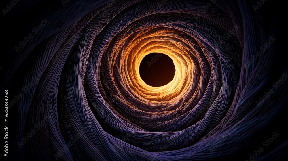 Poster abstract spiral tunnel with glowing light at the end, showcasing intricate texture and deep perspect