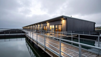 Stunning aquaculture facility tour coastal waterfront visual showcase modern design elevated view sustainable practices