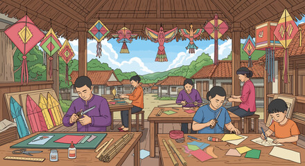 Artisans crafting vibrant kites in a traditional workshop, showcasing cultural heritage and artistic skill.