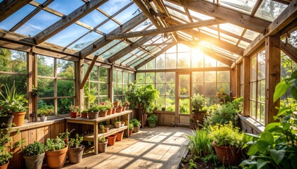Sunlit greenhouse gardening action nature retreat image collection indoor oasis perspective organic growth