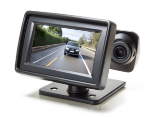Car backup camera display screen showing a vehicle on the road, a modern automotive safety technology isolated on transparent background