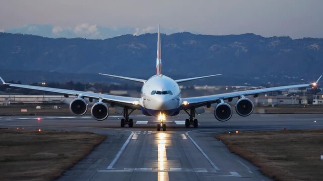 Wide-body passenger aircraft positioned on illuminated runway at night, surrounded by airport lights with mountain silhouette in background Bright headlights create dramatic symmetrical 1 4K