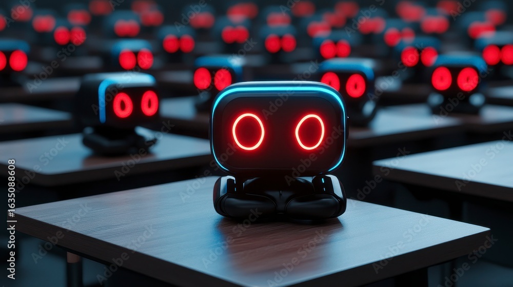 Poster a futuristic classroom filled with robotic students, each displaying glowing red eyes, creating a ca