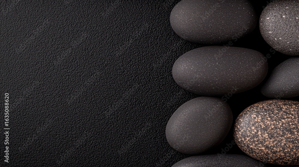 Poster a collection of smooth black stones on a textured dark surface creating an elegant and calming aesth