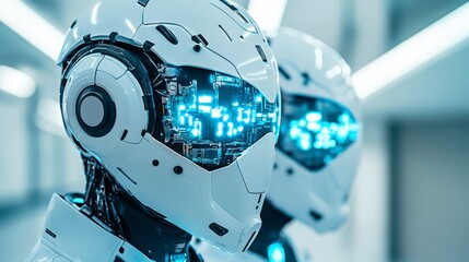 Futuristic humanoid robots with glowing blue circuitry in a sleek, high-tech environment showcasing advanced artificial intelligence