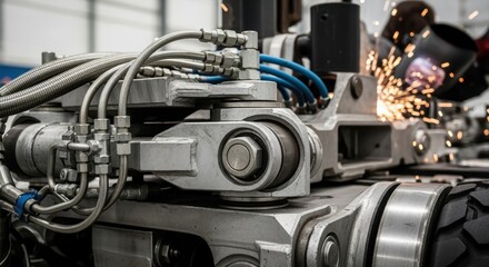 Closeup view of hydraulic systems and metal joints on a rocketpad transporter being disassembled for a thorough mechanical inspection.