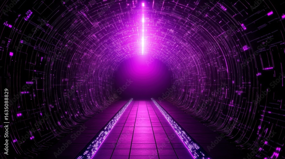 Poster futuristic tunnel with glowing purple lights and digital patterns creating a sci-fi atmosphere and i