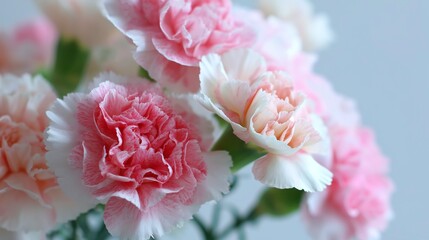 Pink and white carnation flowers in soft light on blurred background  