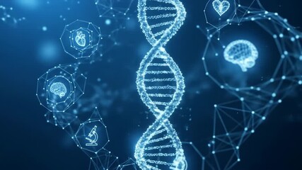 Dynamic DNA Helix with Brain, Heart, Microscope Icons: Science and Medicine Concept - Powered by Adobe